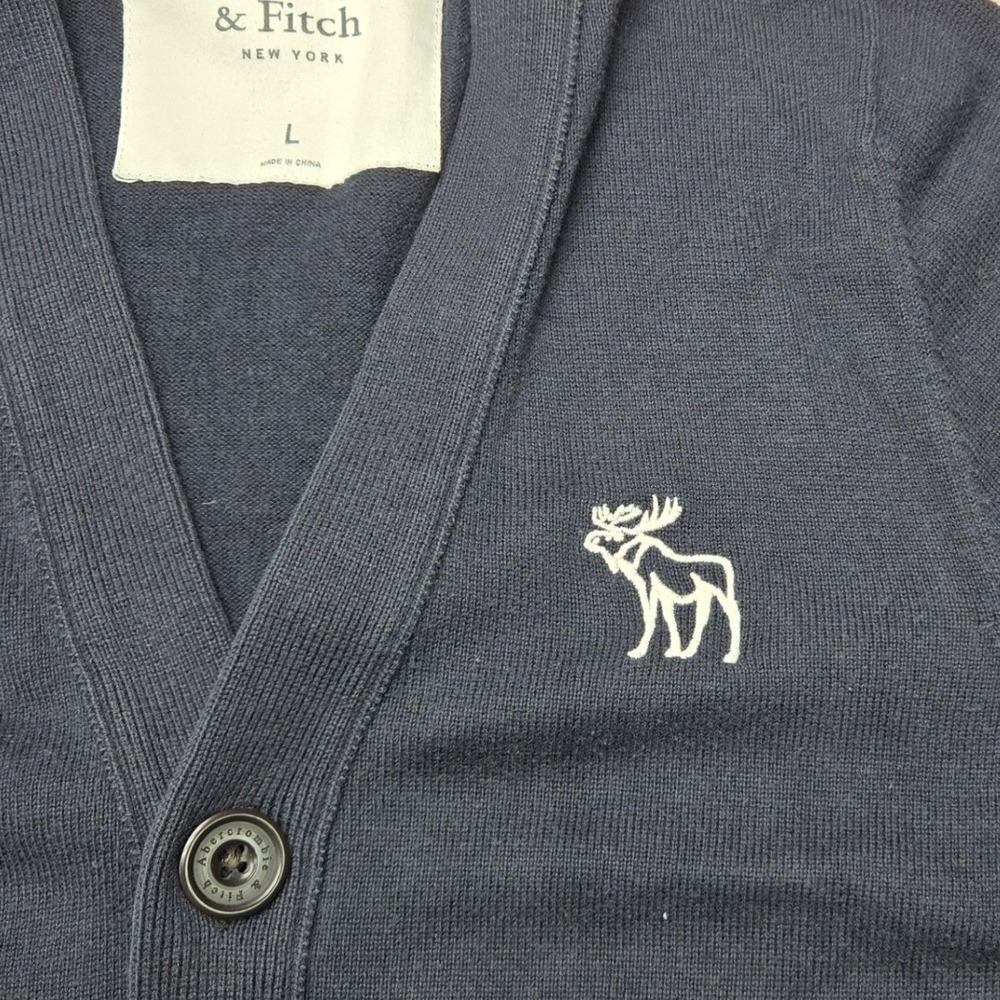 Abercrombie & Fitch Cardigan Sweater Moose Logo Navy Blue Mens L Cotton Knit - Picture 3 of 7